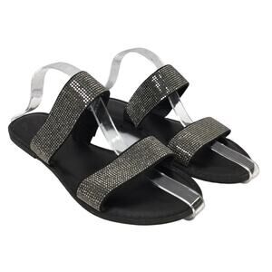 Rock & Candy Briony Retro Studded Fabric Upper Flat Black Slide Sandal Women 8